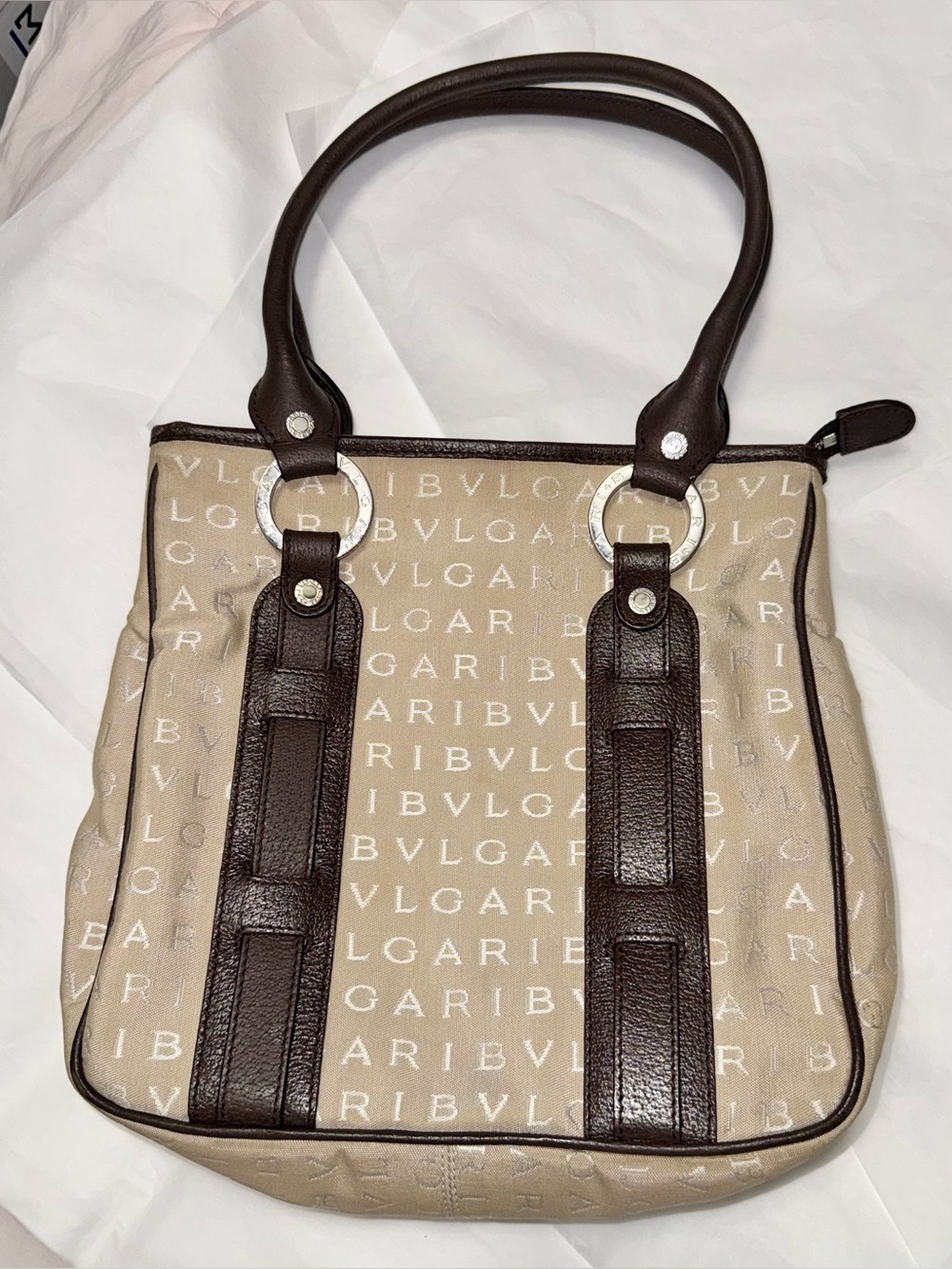 Bvlgari AUTHENTIC Vintage Logo Mania Tan & Brown Tote Shoulder Bag Bulgari - Picture 2 of 16